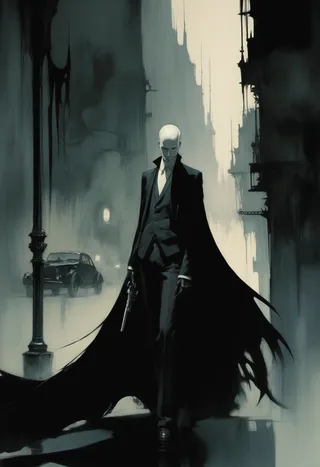 A neo-noir scene showing a bald mysterious man in a dark suit and flowing cape holding a gun, standing on a foggy street with a vintage car and shadowy buildings in the background.