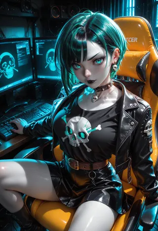 A goth woman with short black and green-highlighted hair sitting in a yellow gaming chair, wearing a black leather jacket and skirt, black lipstick, and skull-themed accessories, working at a dual-monitor computer setup with skull images on the screens.