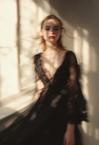 A blurred model wearing a flowing black dress with subtle red accents stands near a window with soft, diffused light streaming through, enhanced with strong film grain and motion blur effects.