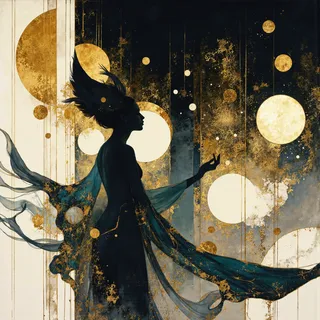 Silhouette of a sensual figure in dark shadow realm with flowing fabric and golden orbs, styled in Alphonse Mucha inspired art nouveau design.