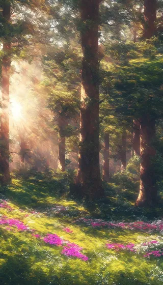 Sunlight filtering through dense forest trees illuminating green grass and vibrant pink and white flowers at sunset.