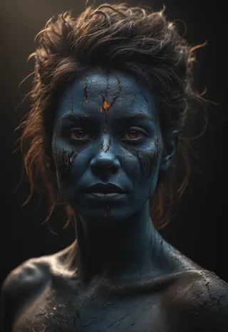 High-detail portrait of a person with blue skin and charred texture, lit with soft filmic chiaroscuro lighting, showing intricate skin details and velus hairs.