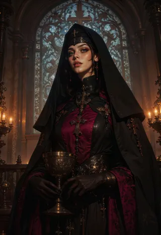 Una monja vestida con un hábito gótico fluido en negro y carmesí profundo, está de pie solemnemente en una capilla con poca luz, sosteniendo un cáliz de plata decorado de manera adornada con cruces intrincadas en su vestimenta y velo.
