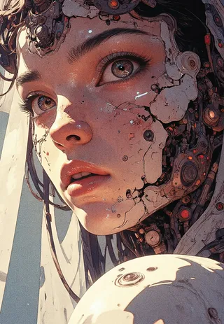 Close-up cyberpunk female portrait blending human and robotic facial elements with anime style, illuminated by soft volumetric lighting emphasizing detailed mechanical textures.