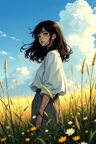 Anime-style young woman with black hair and blue eyes wearing a white blouse standing in a sunlit meadow filled with wildflowers and tall grasses under a sky with fluffy clouds.
