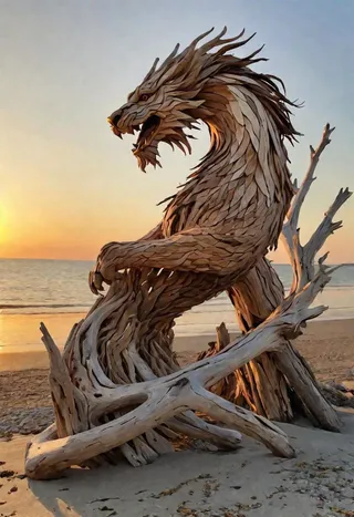 A photorealistic driftwood sculpture shaped like a mythical dragon, situated on a sandy shore at sunset with the ocean in the background.