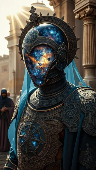 Astral entity clad in elaborate Byzantine-style armor with a cosmic nebula helmet and celestial armillary sphere, standing in front of an ancient sunlit temple.