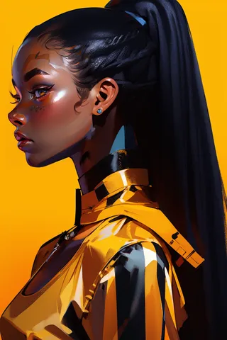 Side view of a dark-skinned female with long black dreadlocks tied in a ponytail, wearing a shiny futuristic orange and black outfit against a vibrant orange background.