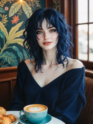 A beautiful young alternative girl with messy navy blue hair and expressive eyes sits in a cozy café with antique furniture, enjoying a latte with latte art and pastries, against a backdrop of a Henri Rousseau-style jungle mural.