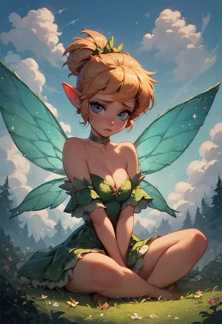 A fairy resembling Tinkerbell with sparkling skin and ethereal wings sits on grass, wearing a tattered green dress, looking at the viewer with a sad expression.