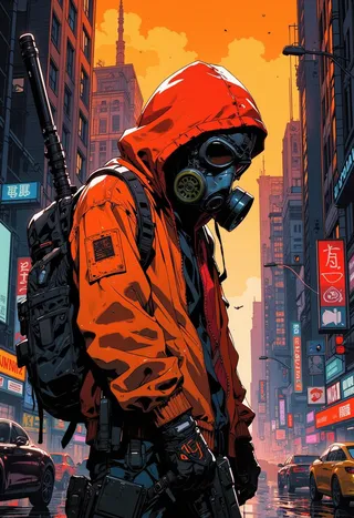 Cyberpunk-style woman wearing a bright orange hoodie and gas mask, carrying a black backpack and holding a futuristic rifle, standing in a city street with skyscrapers and orange rain clouds in the background