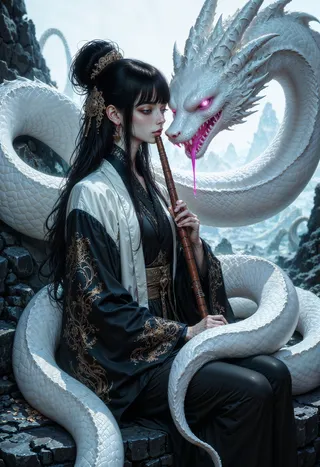 A woman in a black and white intricately patterned kimono holds a flute, seated as a large white serpent with glowing pink eyes coils around her amidst a mystical rocky landscape.