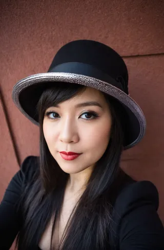 Close-up portrait of a woman wearing a black hat with a shiny silver brim, styled in oshare kei fashion with rim lighting.