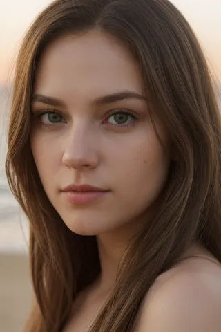 Realistic portrait of a young woman with hazel-green eyes and long brown hair, softly lit by natural light at a beach sunset.