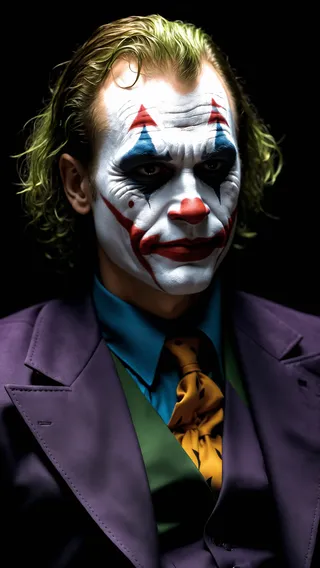 Close-up portrait of Joker with grim smile, dramatic chiaroscuro lighting, painted white face with red and blue clown makeup, and a dark background.