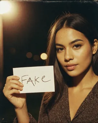 Analog film style photo of a woman at night holding a piece of paper with the word 'Fake' written in pencil, featuring detailed skin texture and vintage grainy effect