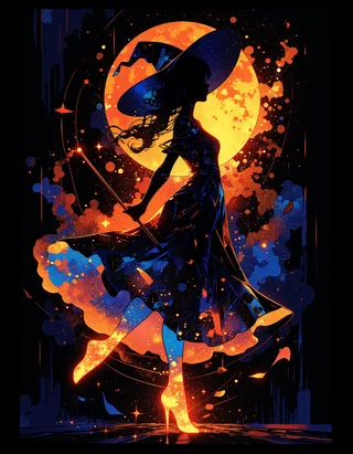 Silhouette of a witch in a flowing dress and pointed hat holding a magic wand, glowing vibrantly against a bright orange moon with holographic reflections and smokey haze in Art Nouveau poster style.