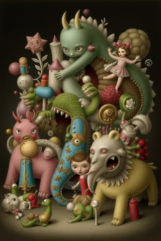 Surreal, intricate fairy tale creatures and children in a photorealistic, cinematic style inspired by Nicoletta Ceccoli, featuring detailed whimsical characters.