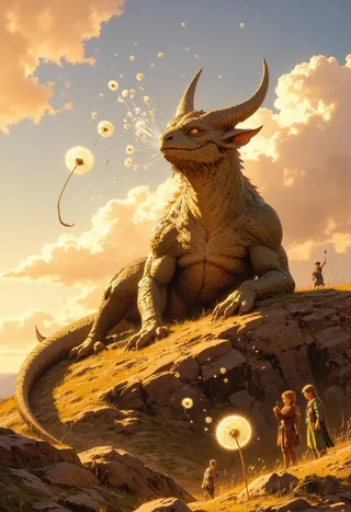 A large serene dandelion dragon lounging on a rocky hilltop surrounded by children playing with floating dandelion seeds under a golden setting sun.