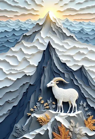 3D paper quilling artwork of a majestic mountain goat standing on a snowy rocky peak surrounded by layered mountains and swirling clouds under a glowing sky.