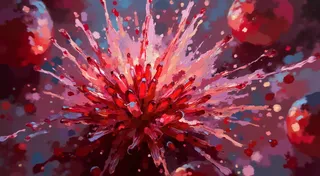 Esplosione ravvicinata di semi rossi lucidi di melograno che esplodono verso l'esterno con spruzzi di succo vibranti su uno sfondo colorato sfocato.