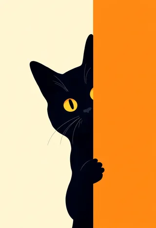 Minimalist illustration of a black cat with yellow-orange eyes peeking from behind an orange wall on a creamy beige background.