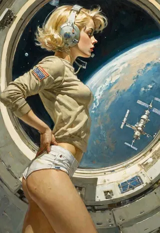 Profile view of a blonde female astronaut wearing short shorts and a headset, floating inside a space station and looking thoughtfully out a window at Earth and a nearby satellite.