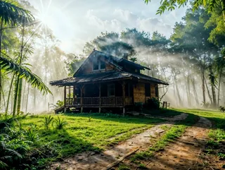 Rustic bamboo hut surrounded by lush jungle greenery, with sun rays piercing through dense fog and trees in the background.