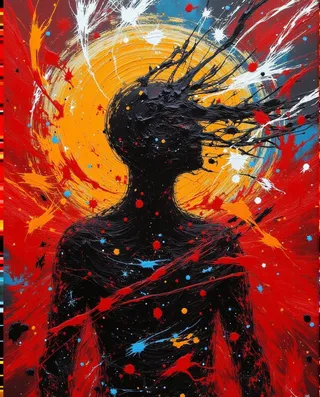 Abstract painting featuring a dynamic human silhouette with paint splatters and expressive brushstrokes in bold red, orange, blue, black, and white colors.