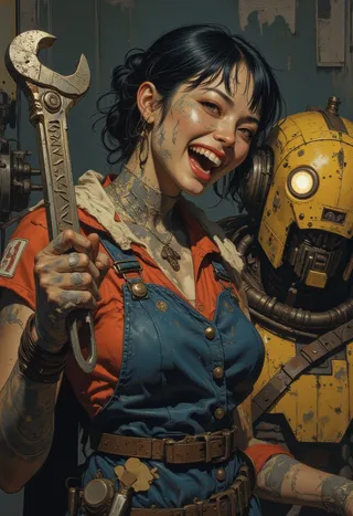 A close-up digital illustration of a happy excited Asian waifu mechanic covered in grease holding a large wrench, standing beside a yellow robot with a lit-up eye in a mechanic workshop.