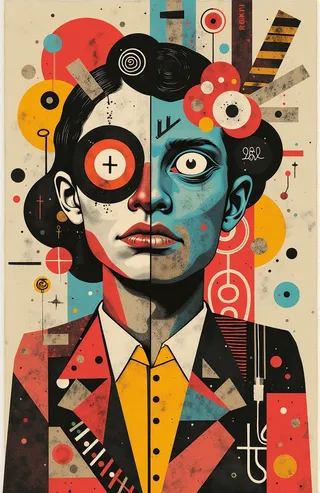 A vibrant surrealist artwork of a split stylized face, with the left half realistic and the right half abstract with bold geometric shapes and colorful patterns.