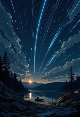 數位動漫作品，描繪流星雨照亮寧靜湖泊上空夜空，湖泊周圍環繞著黑暗森林，前景有一艘小孤舟和剪影人物。