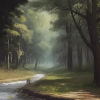 A tranquil forest landscape featuring a narrow path winding through tall trees with soft mist and dappled sunlight