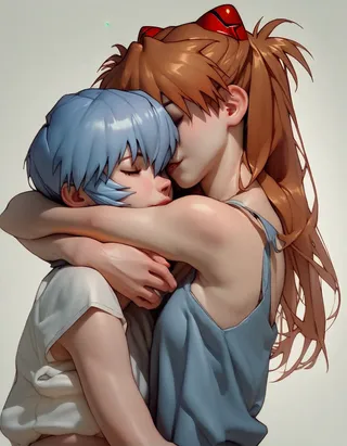 Rei Ayanami with blue hair hugging Asuka Langley with long red hair in a tender embrace, both eyes closed, against a plain neutral background.