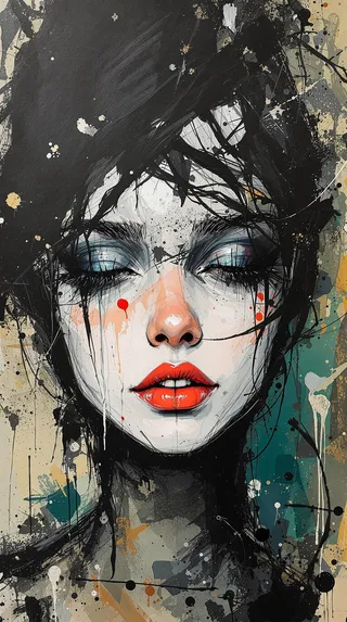 Ashley Wood 風格中閉眼、鮮紅雙唇和富有表情筆觸的年輕女子抽象肖像，背景深沉且具層次感。