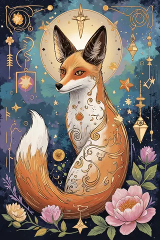 A mystical fox illustration featuring glowing orange, white, and gold fur with intricate swirling patterns, abstract geometric shapes, and floral motifs on a dreamy blue and purple background.