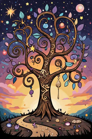 Whimsical magical tree illustration with swirling branches, intricate brown and gold trunk patterns, vibrant blue and purple leaves, glowing sunset gradient background with stars and floating magical orbs.