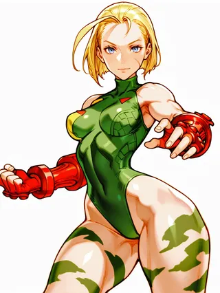 Blonde anime girl Cammy in green bodysuit with red gauntlets, striking a dynamic fighting stance with a light smile against a white background.