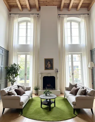 French country living room featuring floor to ceiling windows with white fabric curtains, a central fireplace, two elegant sofas, and a circular green rug on wooden flooring under a ceiling with wooden beams.