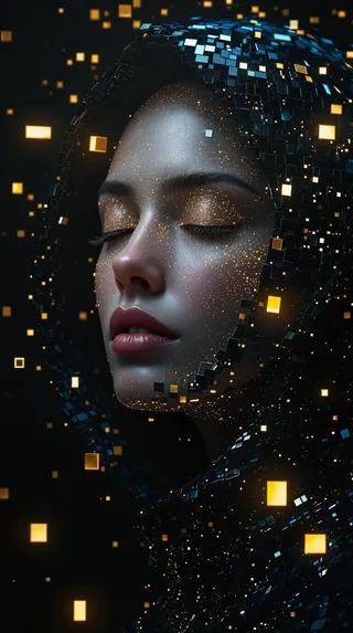 Close-up photorealistic 3D render of a serene female face with eyes closed, enveloped in a cybernetic hood made of fragmented digital squares and glowing golden rectangles against a dark backdrop.