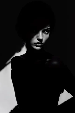 Black and white dramatic portrait of a woman with strong shadow and light contrast highlighting half her face.