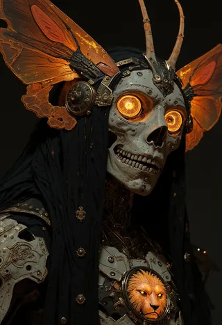 A hyper-realistic CGI depiction of a skeletal woman with glowing amber eyes and ornate mechanical butterfly wings, clad in black and gold armor with a glowing lion chest piece.
