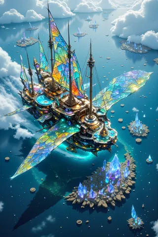 커다란 잠자리 모양의 기계 무역선이 스테인드글라스 날개를 펼치고 액정호를 가로질러 떠다니는 다채로운 기하학적 섬들 위를 밝고 구름 낀 하늘 아래 항해하는 모습.