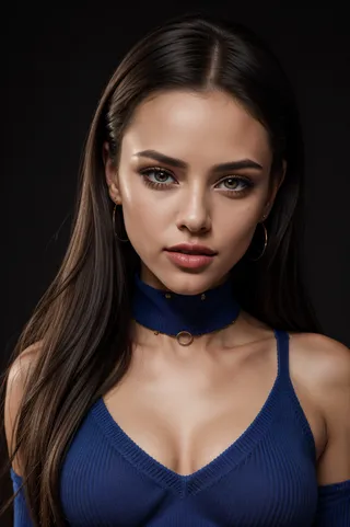 Close-up portrait of a beautiful young woman with long dark hair wearing a blue ribbed school uniform sweater and matching choker necklace against a dark background.