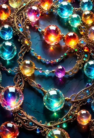 Close-up macro photo of a magical necklace made of transparent, multicolored glass beads with intricate golden filigree and sparkling cinematic light effects.