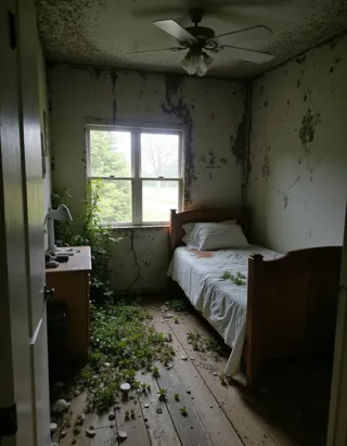 Abandoned bedroom with extreme mold on walls and ceiling, plants growing from wood floor, messy bed with stained sheets, sunlight coming through the window