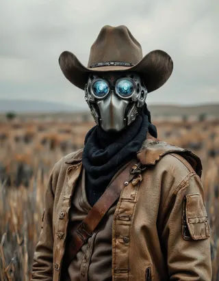 A futuristic cowboy wearing a large brown cowboy hat and a cybernetic mask with glowing blue eyes standing in a desolate, dry field under a cloudy sky.