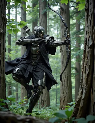 A highly detailed CGI rendering of a futuristic warrior clad in sleek black high-tech armor, drawing a bow with an arrow in mid-action inside a dense, green forest.