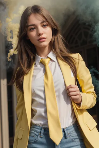 Young woman wearing a yellow blazer, white formal shirt, and yellow necktie, standing in front of a college entrance with volumetric smoke in the background