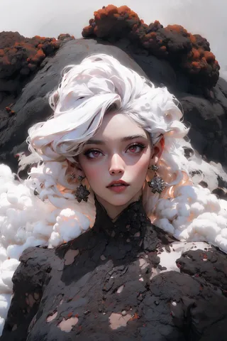 A detailed portrait of a woman with white hair wearing a dark, cracked gown resembling volcanic rock, standing against a smoky volcano backdrop with red lava and storm clouds.